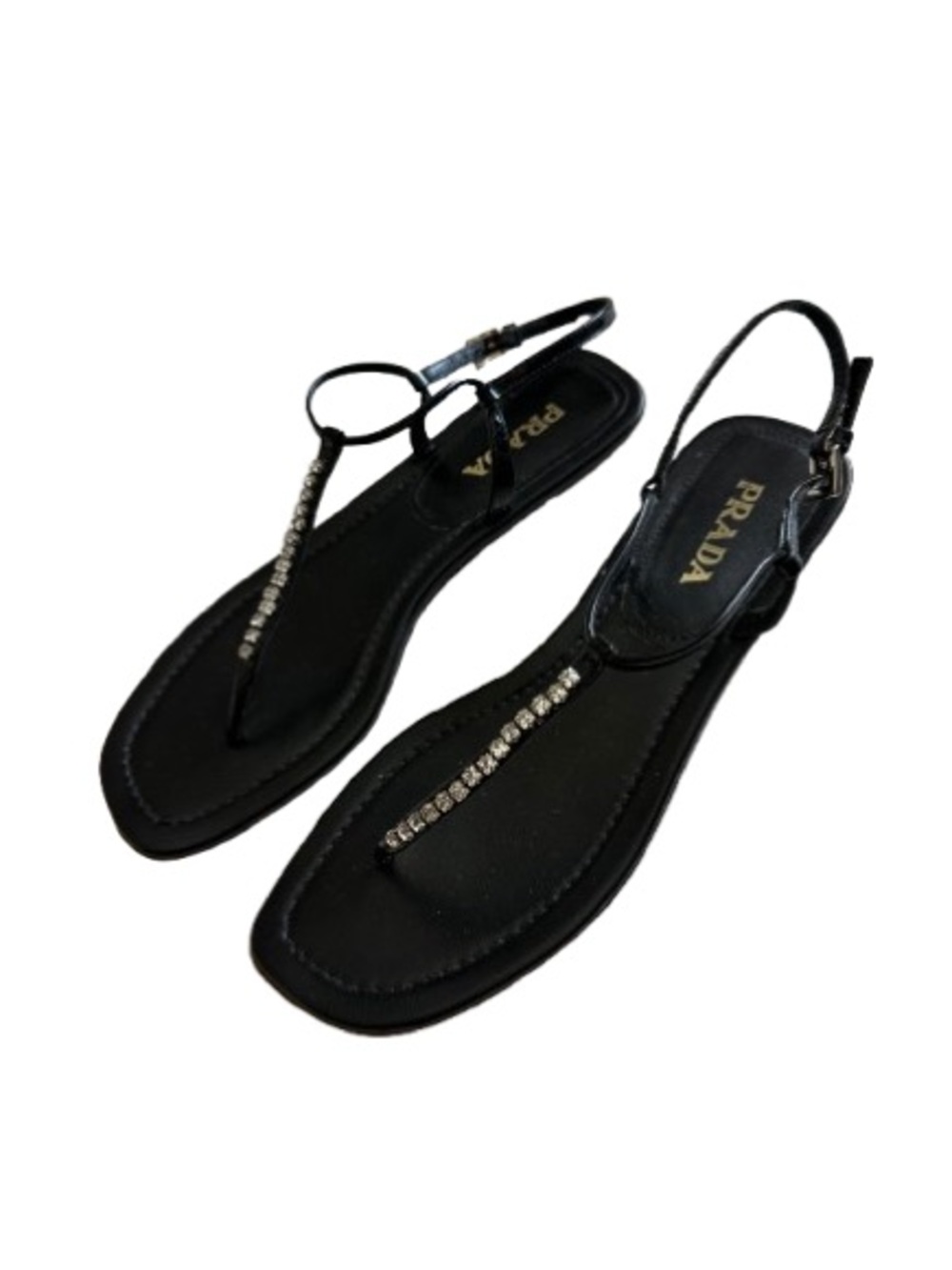 Prada Women's 38 Black Leather with Crystal Detail T‑Bar Slingback Sandals